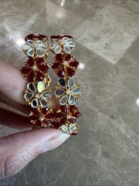 Gold Floral Hoop Bangle Bracelets with Red and White Stones